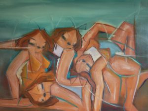 Gente extraña bajo un cielo azul